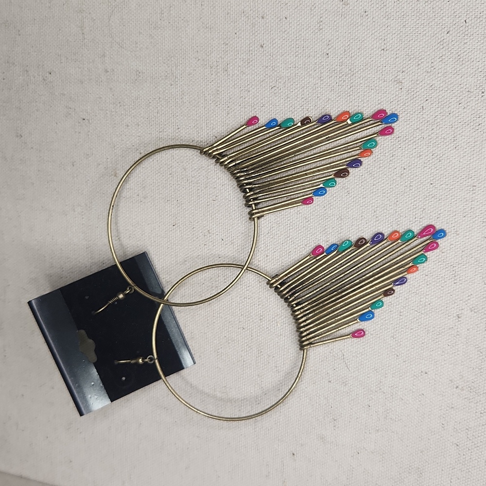 Multicolor Match Stick Tassel Large Hoop Earrings